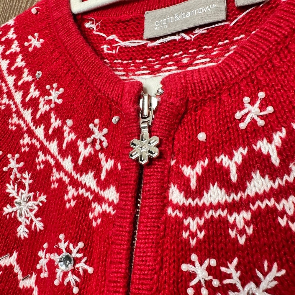 VTG Christmas Petite Red Snowflake Zip Up Cardigan Sweater Jacket Women PM - Picture 5 of 7